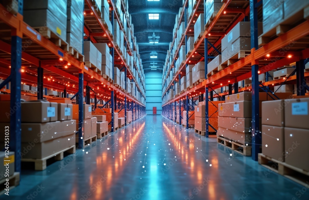 Modern warehouse aisle with shelves filled with boxes, pallets. Digital network lines connect boxes, pallets. Tech future warehouse concept. Optimization of logistic processes. Warehouse tech Modern warehouse aisle with shelves filled with boxes, pallets. Digital network lines connect boxes, pallets. Tech future warehouse concept. Optimization of logistic processes. Warehouse tech