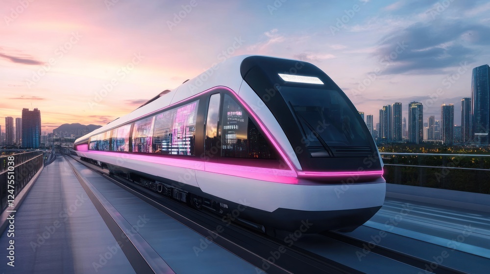 Naklejka premium Futuristic train speeds through city at sunset