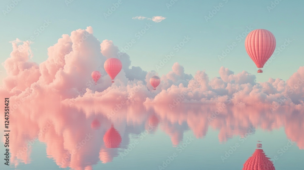 Obraz premium Pink hot air balloons soar above dreamy cloudscape reflected in calm water, ideal for travel posters