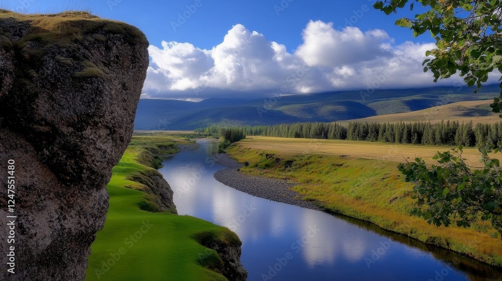 Tranquil River Winding Through Valley With Rocky Outcropping Tranquil River Winding Through Valley With Rocky Outcropping