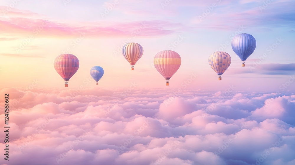 Fototapeta premium Colorful hot air balloons soar above pastel clouds at sunrise, idyllic travel imagery