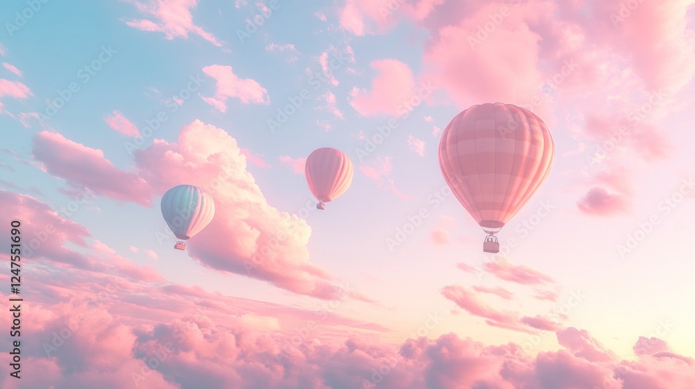 Obraz premium Pink sunset hot air balloons floating, travel, adventure, freedom