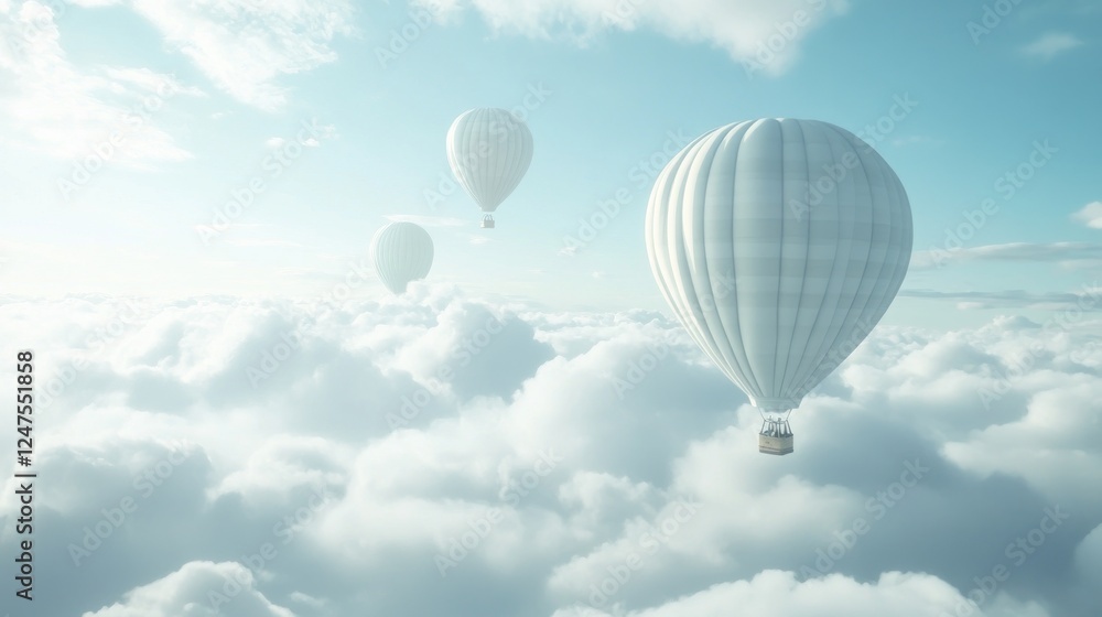Naklejka premium White hot air balloons soar above fluffy clouds, serene sky, travel