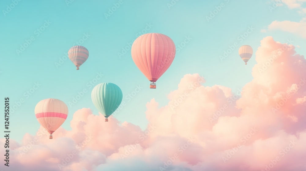 Obraz premium Pastel hot air balloons soar above fluffy clouds at sunrise, ideal for travel posters