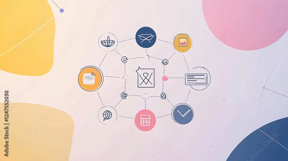 Abstract network graphic showing interconnected icons representing various services and functions. Abstract network graphic showing interconnected icons representing various services and functions.