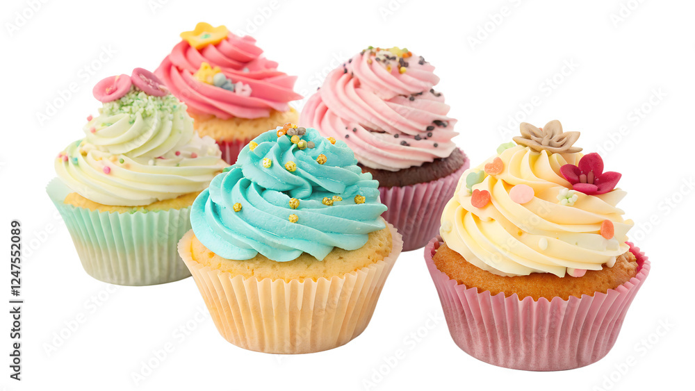 Colorful cupcakes displayed on a white background Colorful cupcakes displayed on a white background