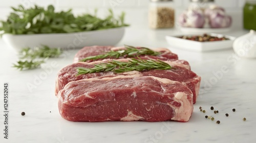 Fresh sirloin steaks, rosemary, kitchen counter, recipe photo