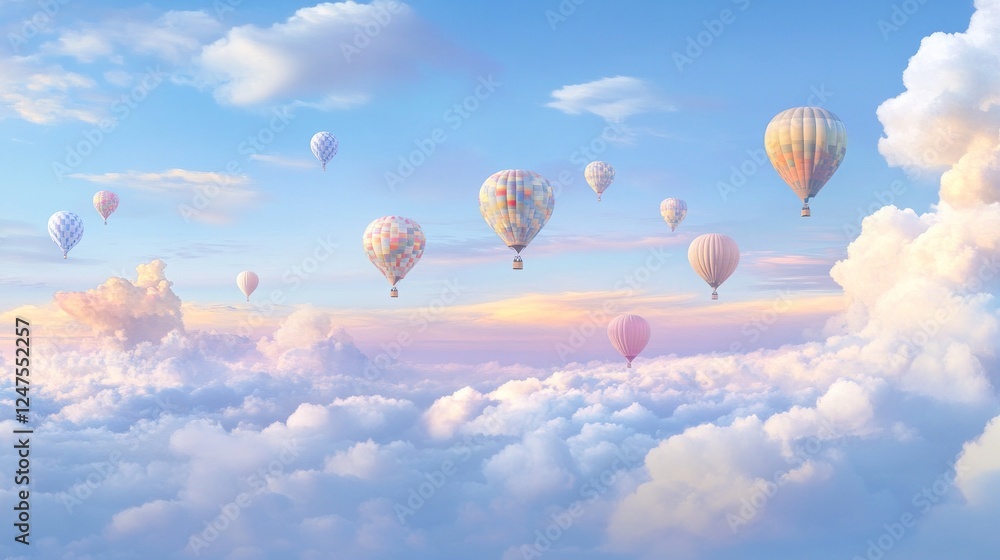 Obraz premium Colorful hot air balloons soar above fluffy clouds at sunrise, idyllic travel scene
