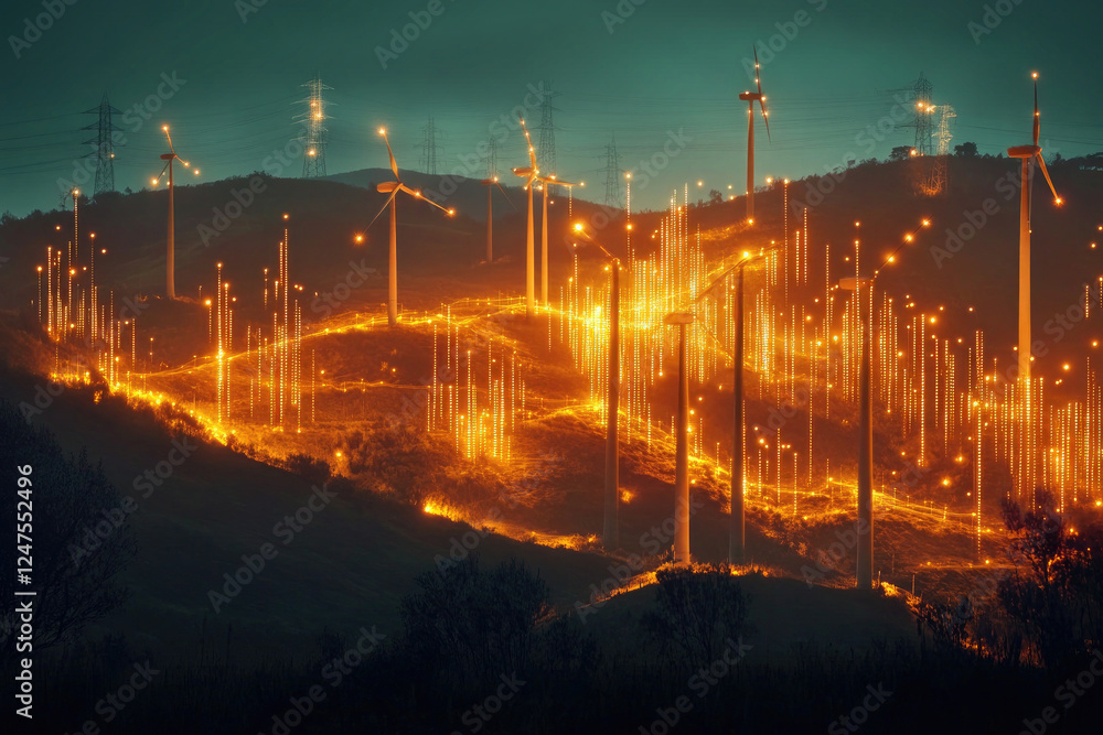 Fototapeta premium Digital Wind Energy Concept with Turbines and Data Visualization
