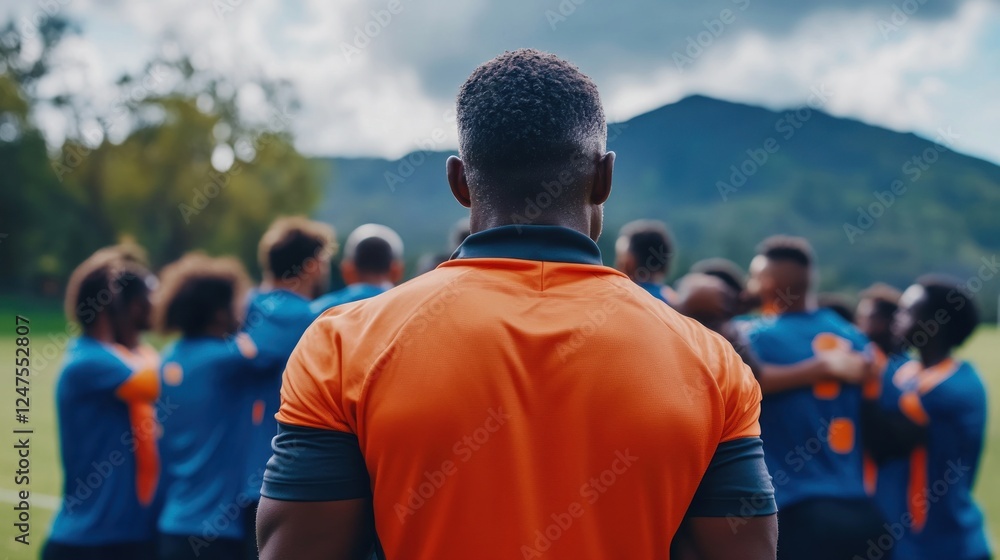 Fototapeta premium Coach addresses rugby team, pre-game huddle, outdoor field, mountains