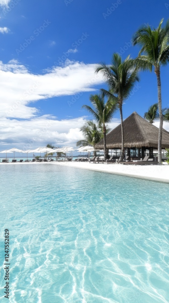 Naklejka premium Tropical Resort Pool Oasis With Palm Trees