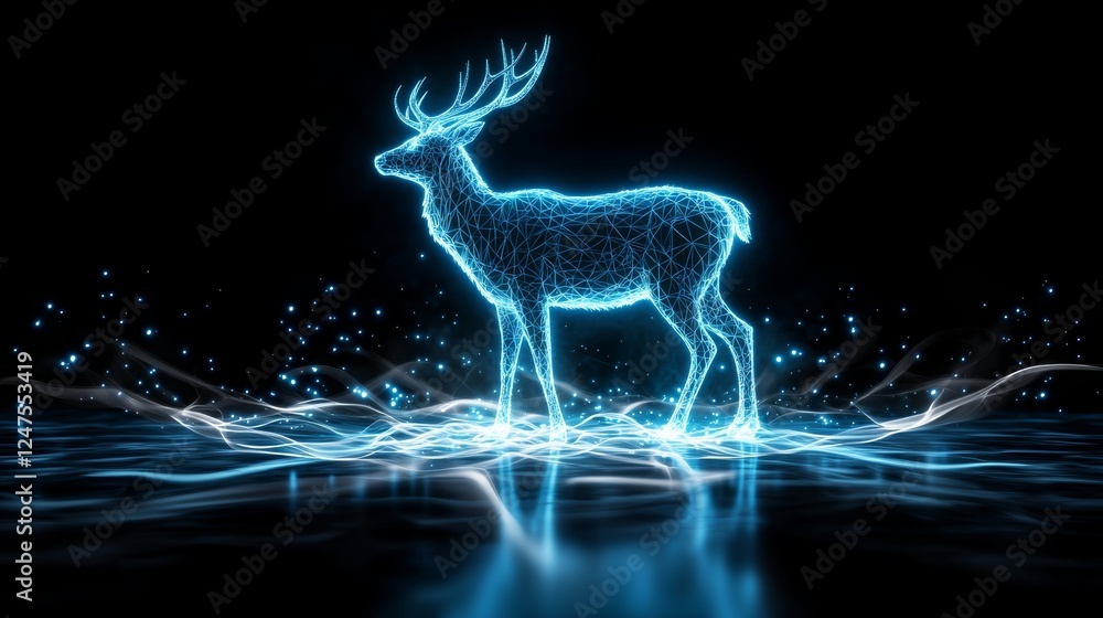 Abstract 3D depiction of a deer merging with flowing tree leaves, moonlight creating a soft halo in a dark, mysterious background, artistic fusion concept Abstract 3D depiction of a deer merging with flowing tree leaves, moonlight creating a soft halo in a dark, mysterious background, artistic fusion concept
