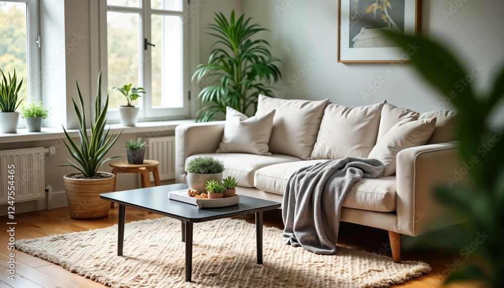 Cozy living room features a beige sofa with plants and natural light. Stylish coffee table complements the space. Warm color scheme creates a relaxed atmosphere. Indoor plants enhance the ambiance.