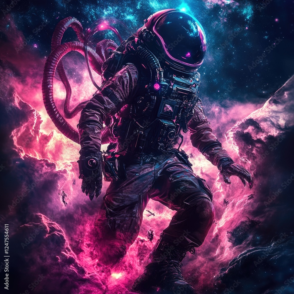 Fototapeta premium Astronaut in vibrant nebula, cosmic landscape, space exploration, surreal art.