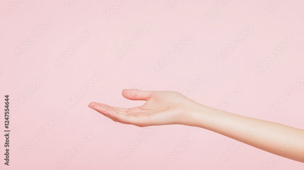 Open Hand on Pink: A delicate female hand extends an open palm against a soft pink background, suggesting offering, hope, or a sense of openness. Open Hand on Pink: A delicate female hand extends an open palm against a soft pink background, suggesting offering, hope, or a sense of openness.