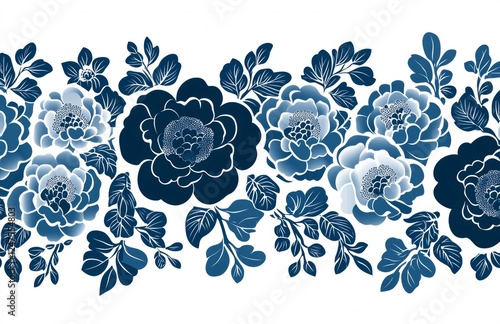 A classic border design with seamless blue tulips and ornamental leaf motifs, forming an elegant floral pattern, ideal for textile fabric backgrounds and stylish print designs