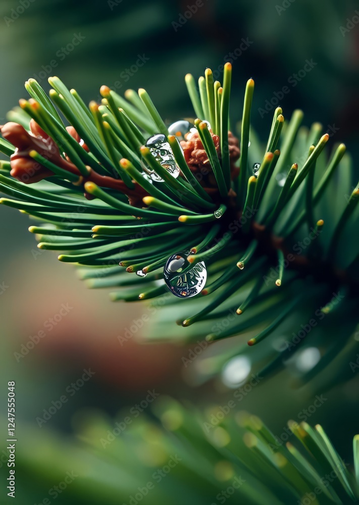 Fototapeta premium Detail of dew drops on green needles of pine tree bokeh green bokeh green abstract background light bright blur pattern