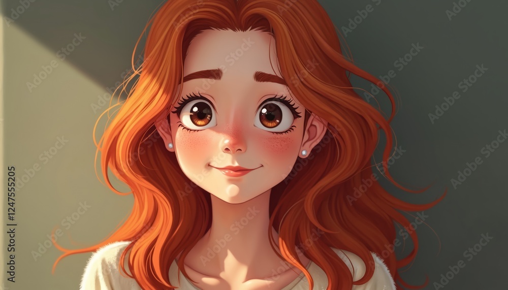 Fototapeta premium Young woman with vibrant red hair smiles warmly at camera. Freckles enhance friendly face. Casual style. Relaxed expression. Studio lighting creates inviting atmosphere. Portrait natural beauty.