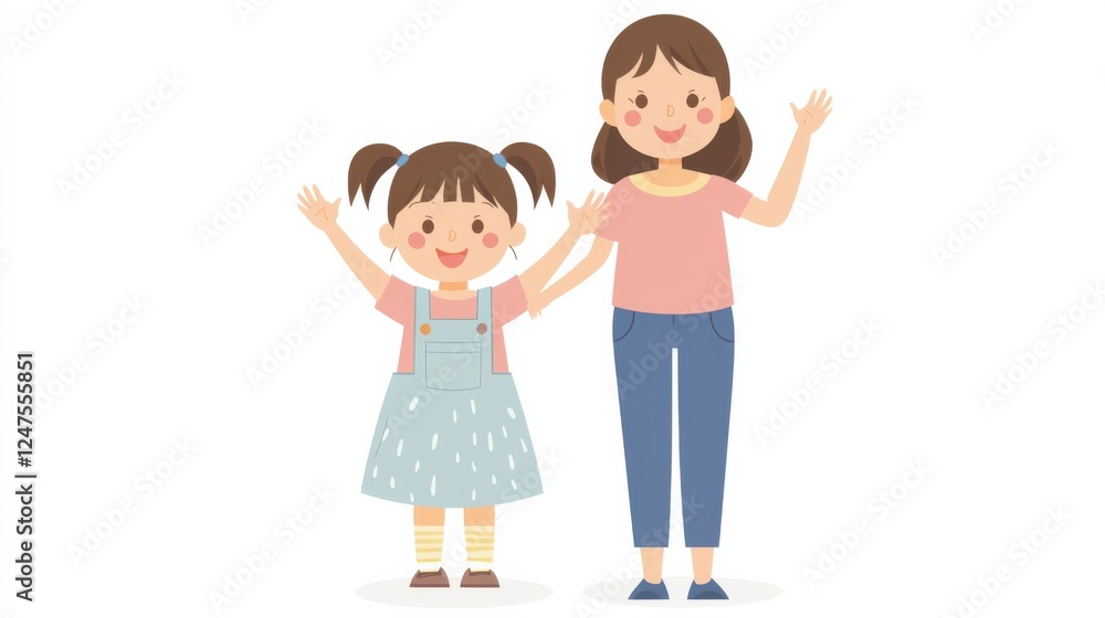 a young girl in overalls standing next to her mother, both smiling and waving hello. a young girl in overalls standing next to her mother, both smiling and waving hello.