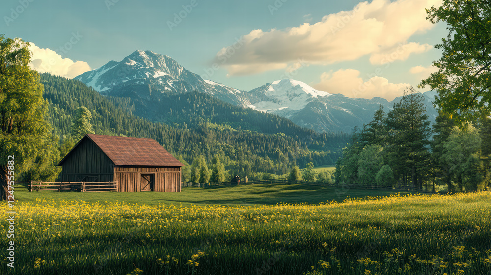 serene farm landscape featuring rustic barn surrounded by lush greenery and majestic mountains in background. scene evokes sense of tranquility and natural beauty serene farm landscape featuring rustic barn surrounded by lush greenery and majestic mountains in background. scene evokes sense of tranquility and natural beauty