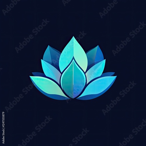 Stylized teal and blue lotus flower illustration on dark background.