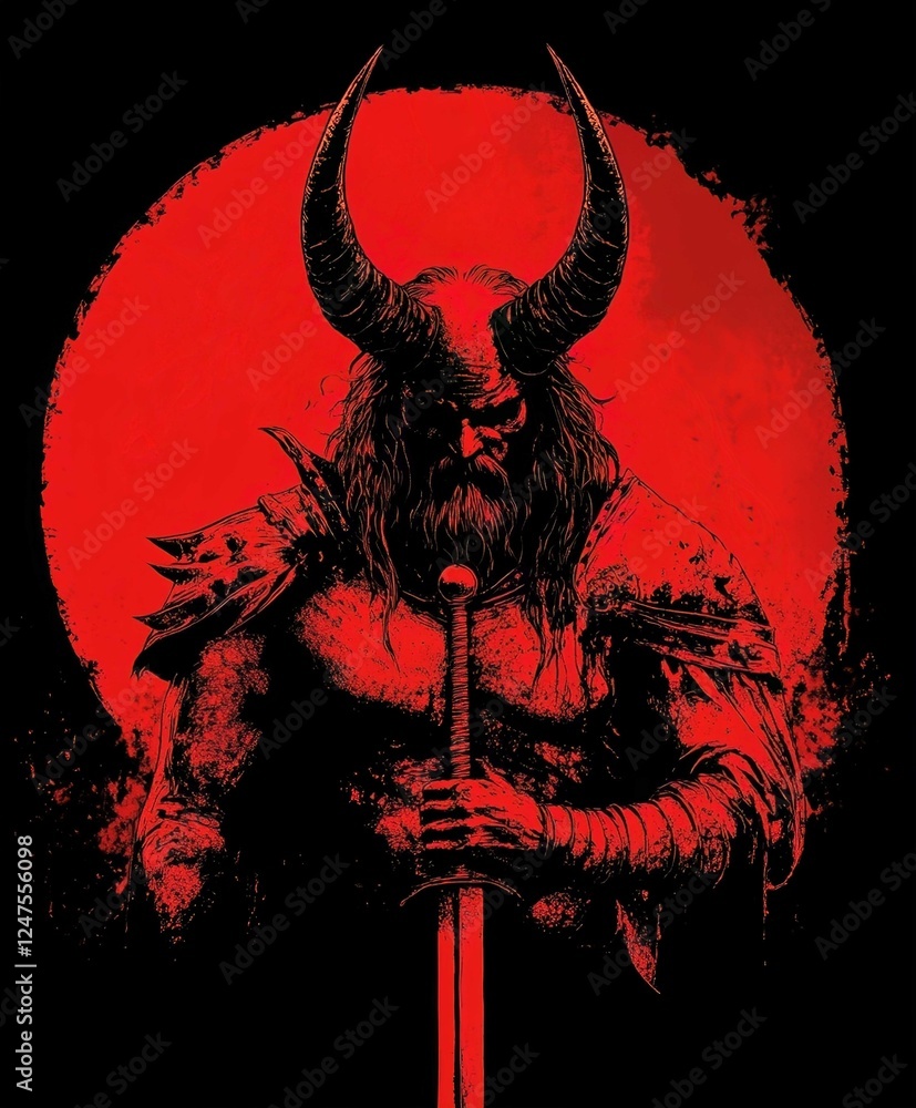 Fototapeta premium Evil Warrior Woman with Horns and Sword Vector Illustration for Halloween Design