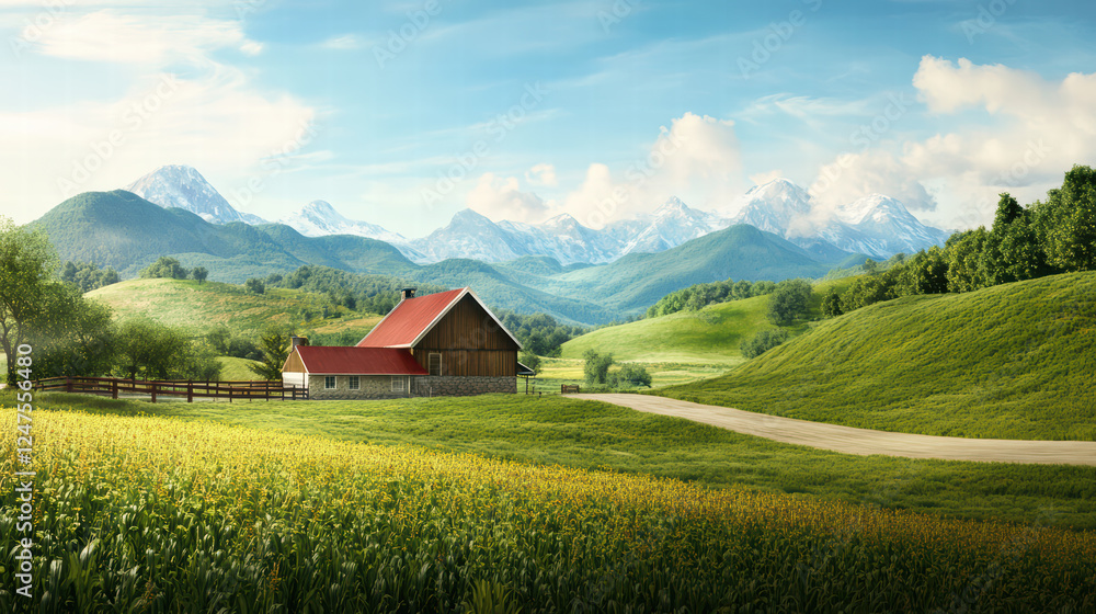 serene farm landscape featuring rustic house, lush green fields, and majestic mountains in background, creating peaceful rural atmosphere serene farm landscape featuring rustic house, lush green fields, and majestic mountains in background, creating peaceful rural atmosphere