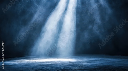 A single beam of light creates a striking spotlight effect in a dark, empty space.