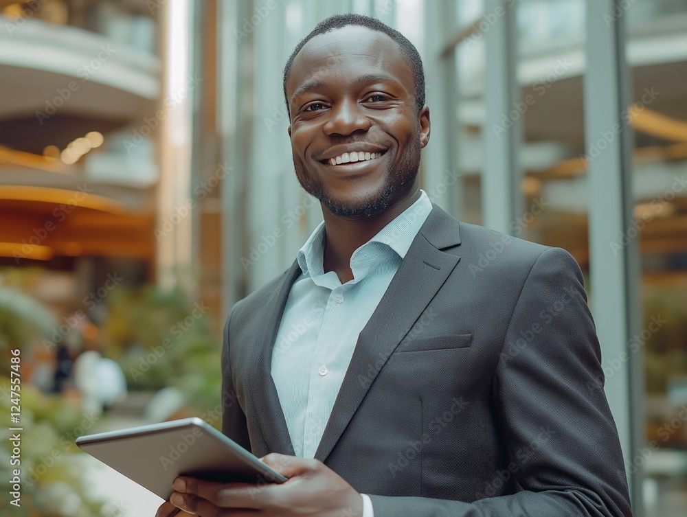 Fototapeta premium Confident young businessman holding a digital tablet standing in modern office building with large windows and greenery