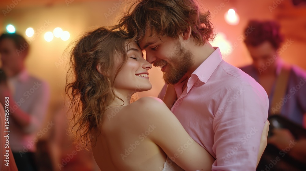 Couple lovingly dancing together at a romantic party, embraced closely with joyful expressions and soft ambient lighting setting the mood Couple lovingly dancing together at a romantic party, embraced closely with joyful expressions and soft ambient lighting setting the mood