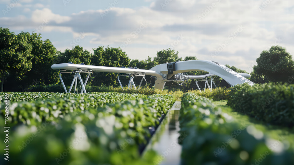High tech irrigation system in field with lush greenery and trees. This advanced technology enhances agricultural efficiency and promotes sustainable farming practices High tech irrigation system in field with lush greenery and trees. This advanced technology enhances agricultural efficiency and promotes sustainable farming practices