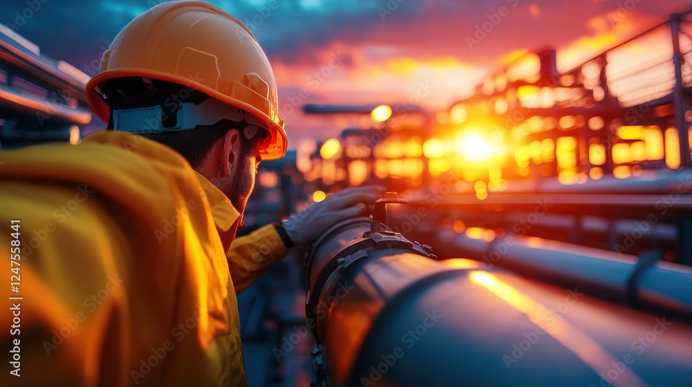 Fototapeta premium A worker adjusting pipes at sunset, with warm light creating a dramatic backdrop, emphasizing the connection between human effort, nature, and the industrial landscape in harmony.