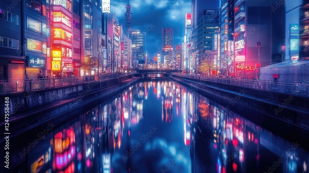 Obraz premium Dotonbori Canal Reflection: Osaka's Vibrant Nightscape in Sharp Detail
