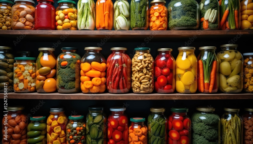 Dark pantry shelves display many colorful glass jars filled with preserved vegetables, fruits. Variety of produce visible inside jars. Home canned goods neatly arranged. Healthy eating preserving Dark pantry shelves display many colorful glass jars filled with preserved vegetables, fruits. Variety of produce visible inside jars. Home canned goods neatly arranged. Healthy eating preserving