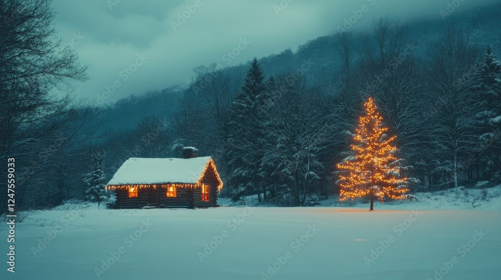 A serene snowy landscape featuring a cabin adorned with Christmas lights A serene snowy landscape featuring a cabin adorned with Christmas lights