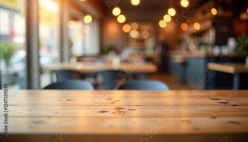 Empty wooden table in blurred coffee shop interior. Relaxing cafe setting with warm lighting. Perfect space for product display montage. Interior of modern cafe restaurant visible. Natural light