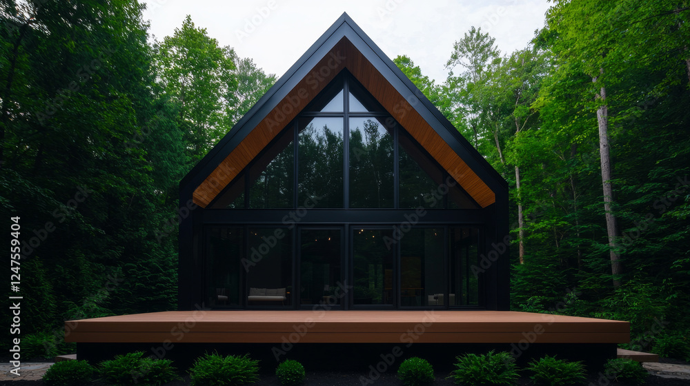 Modern A-Frame House with Large Windows and Warm Evening Lighting in Tranquil Landscape Modern A-Frame House with Large Windows and Warm Evening Lighting in Tranquil Landscape