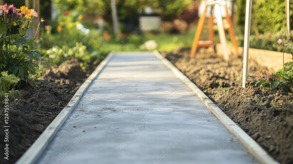 cement pathway being laid in garden, surrounded by flowers and soil, creates serene outdoor space. This pathway enhances garden beauty and functionality cement pathway being laid in garden, surrounded by flowers and soil, creates serene outdoor space. This pathway enhances garden beauty and functionality