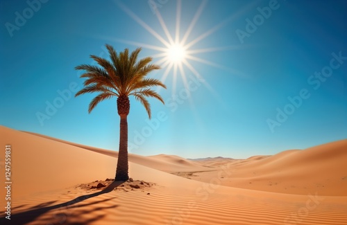 Solitary palm tree stands tall in vast desert landscape. Bright sunlight illuminates arid terrain. Oasis of life amidst barren wilderness. Peaceful serene scene under expansive blue sky. Sand dunes