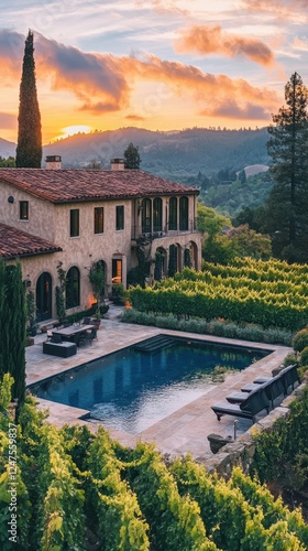 Mediterranean villa with pool and vineyard view phone background