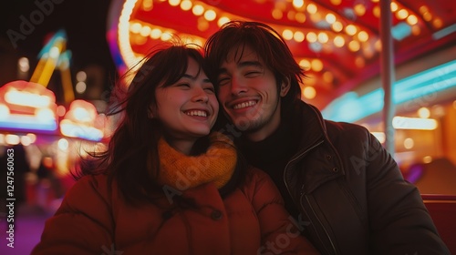Wallpaper Mural Happy couple enjoying a romantic evening together with colorful lights in the background at a vibrant amusement park setting Torontodigital.ca