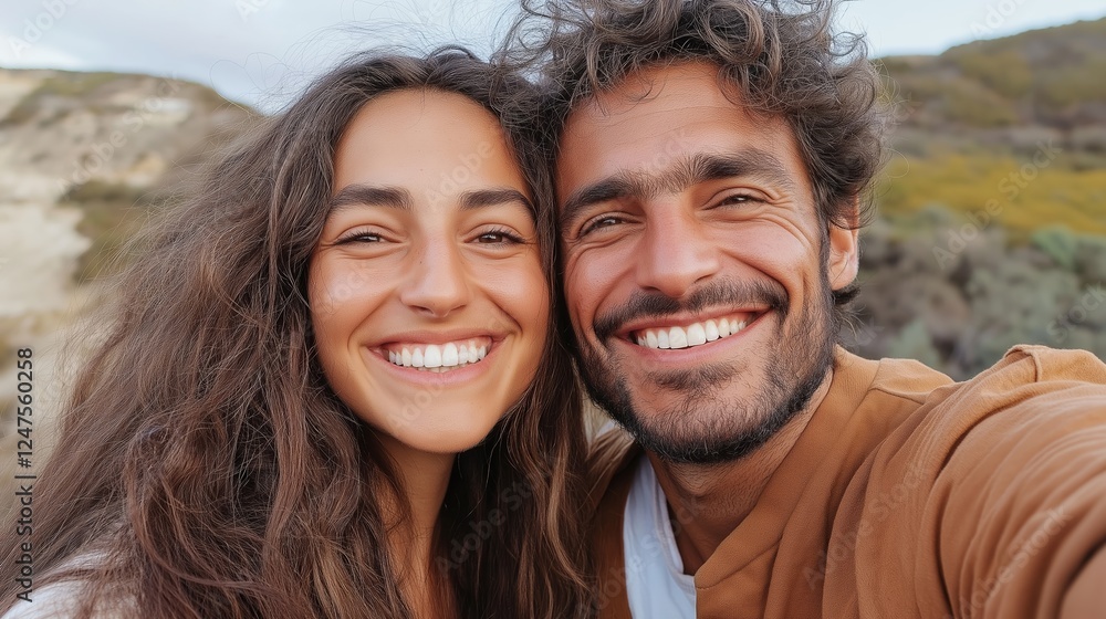 Happy couple with radiant smiles taking a cheerful selfie outdoors amidst nature, showcasing joy, love, and a carefree spirit together Happy couple with radiant smiles taking a cheerful selfie outdoors amidst nature, showcasing joy, love, and a carefree spirit together