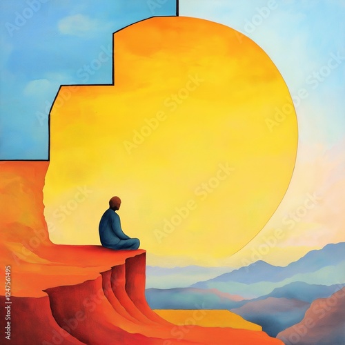 Meditative silhouette of a person sitting on a vibrant cliff with abstract sun and mountains in vivid colors against sky