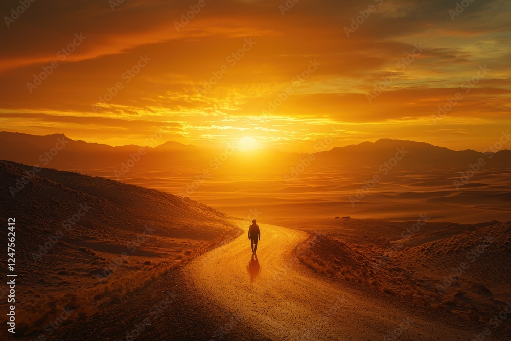 Sunset over a winding golden pathway through a vast desert landscape.