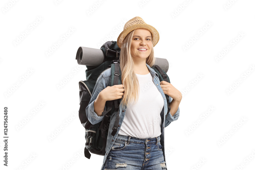 Young female backpacker smiling at camera Young female backpacker smiling at camera