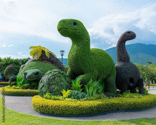 Depict an eco-friendly theme park featuring topiary wildlife exhibits. photo