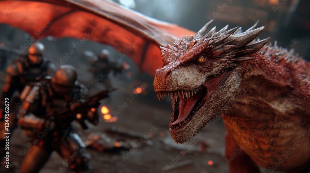 Obraz premium A powerful dragon snarls towards a group of soldiers in an abandoned environment, embodying raw power amidst the ruins, with smoke and embers creating a haunting scene.
