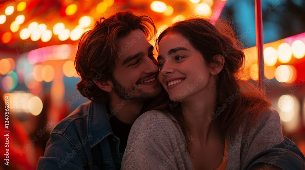 Romantic couple enjoying a cozy moment together under bright carnival lights at night, sharing happiness and intimacy in a joyful atmosphere Romantic couple enjoying a cozy moment together under bright carnival lights at night, sharing happiness and intimacy in a joyful atmosphere