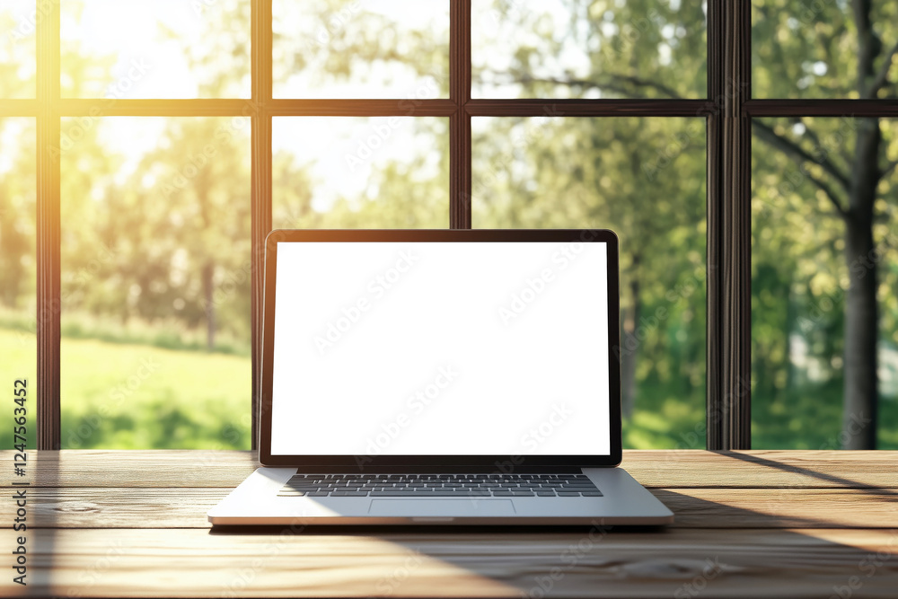 Close-up of a laptop with white blank mock up screen on a wooden table Close-up of a laptop with white blank mock up screen on a wooden table