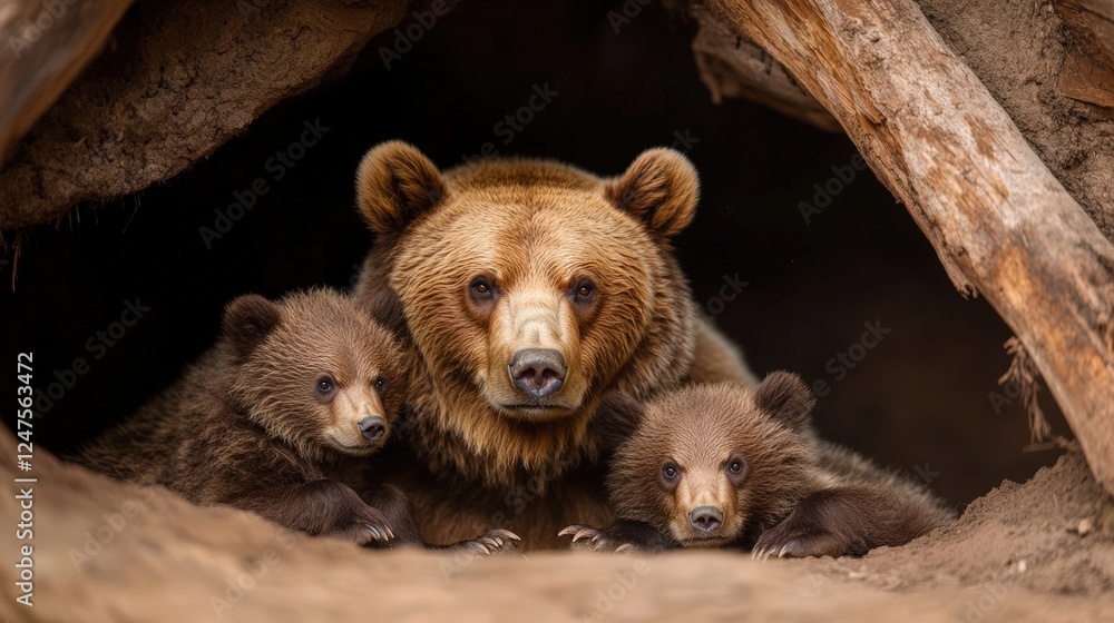 This captivating image features a mother bear with her two adorable cubs nestled together in a natural den, showcasing the bond and nurturing behavior of these magnificent creatures. This captivating image features a mother bear with her two adorable cubs nestled together in a natural den, showcasing the bond and nurturing behavior of these magnificent creatures.